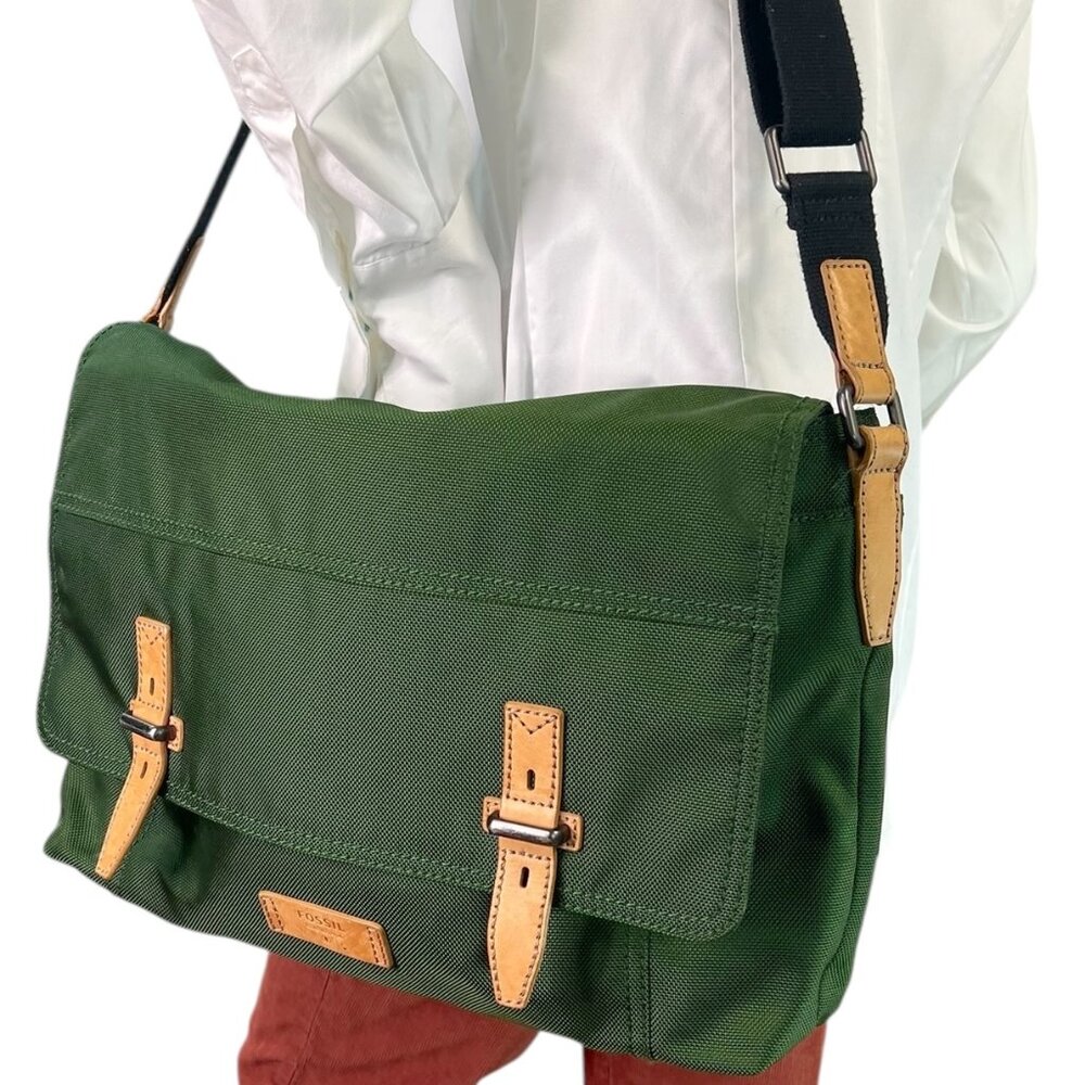 Fossil Large Forest Green Nylon Messenger Laptop Bag Leather Trim Large